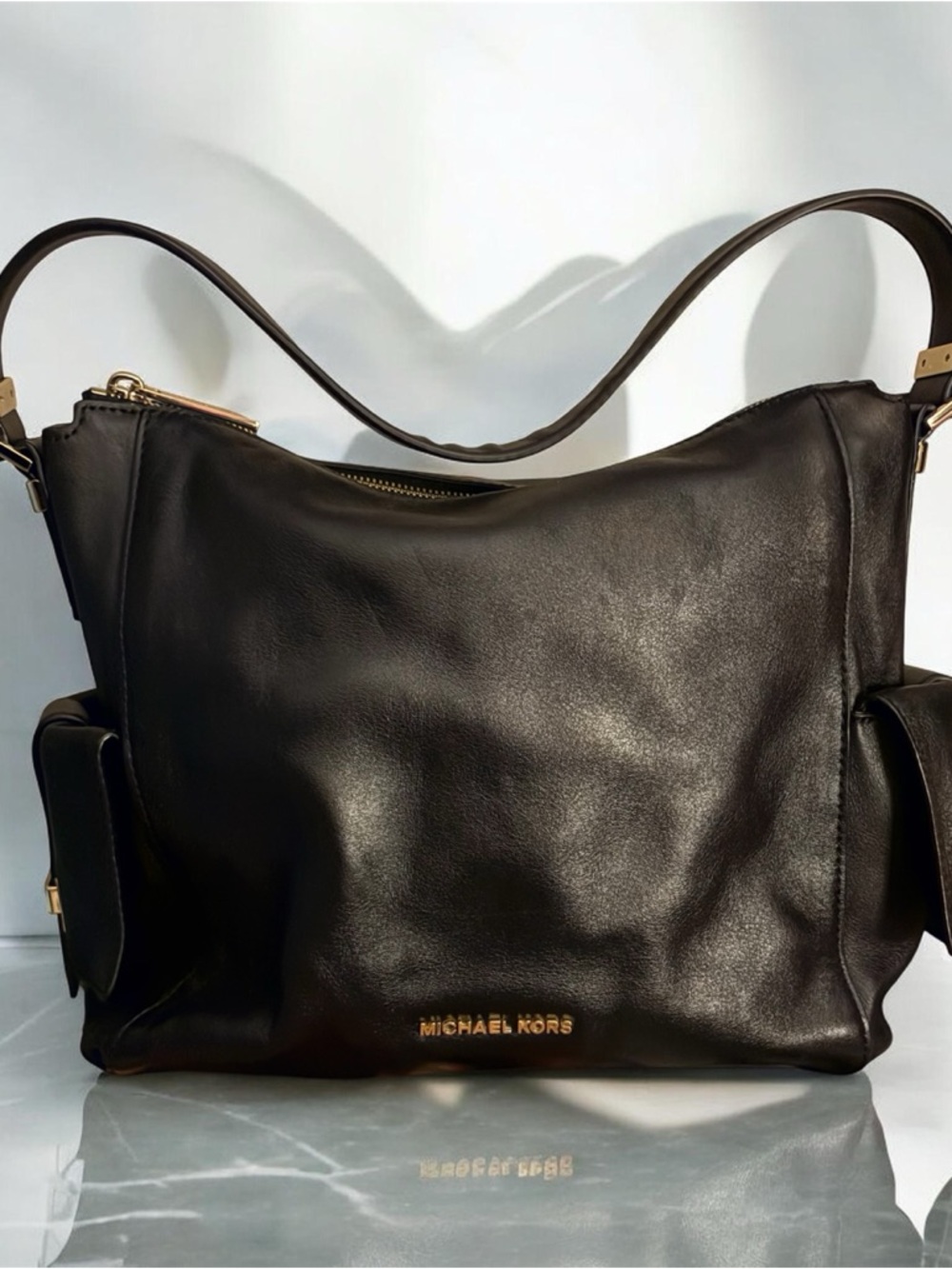 Michael Kors Black Leather Shoulder Bag with Gold Hardware